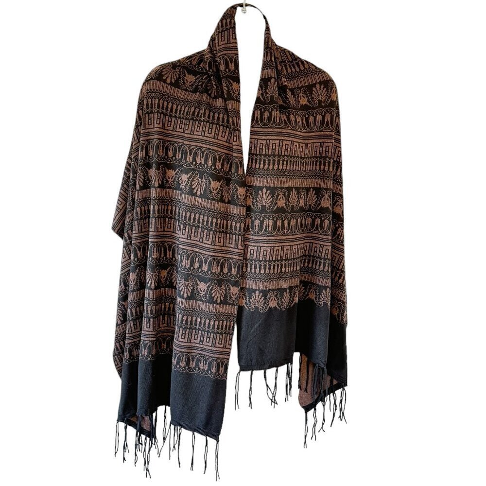 MarlaWynne Wool Blend Tribal Pattern Shawl Reversible Black Lavender with Fringe